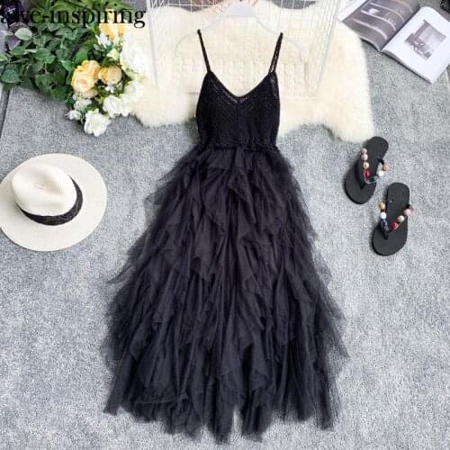 Women Mesh Dress Summer Kintted Dress Sexy Sleeveless V Neck Vestidos Patchwork Fairy Orange Ruffled Gauze Blue Vintage Pink