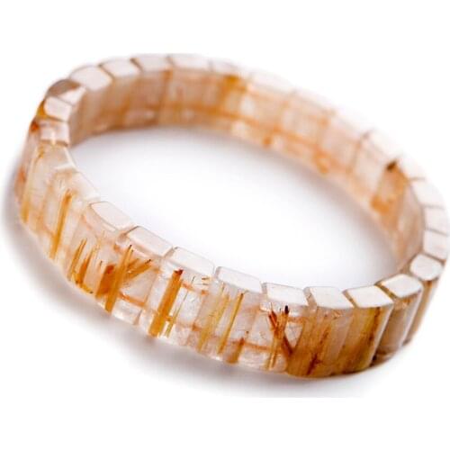 Genuine Natural Titanium Gold Hair Rutilated Quartz Rectangle Beads Stretch Charm Crystal Bracelet