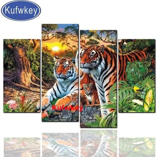 Full,Round Diamond painting 5 Piece,Abstract Tiger Family picture of rhinestone jungle Animals paintings,mosaic full embroidery