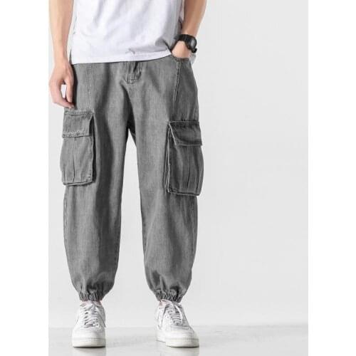Summer Pocket Straight Overalls Harem Pants 2021 Men Look Thin Sports Cargo Trousers Korean Casual Jeans Long Pants Sweatpants