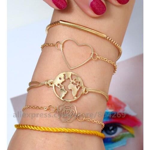 Most Popular Hollow Out Heart Rose World Map Pendant Bracelet Ladies Fancy Jewelry Accessories Bracelet Set