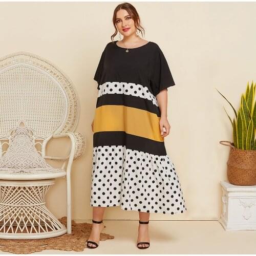 Loose Oversized Plus Size House Dress Women Summer Short Sleeve Polka Dot Print Contrast Color Elegant Dress Smocked Maxi Dress