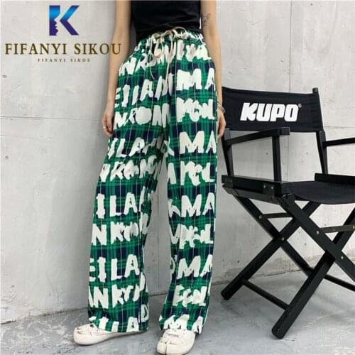 Streetwear Women Plus Size Plaid Straight Pants Fashion Letter Print High Waist Wide leg Pants Loose Female Long Trousers 2020