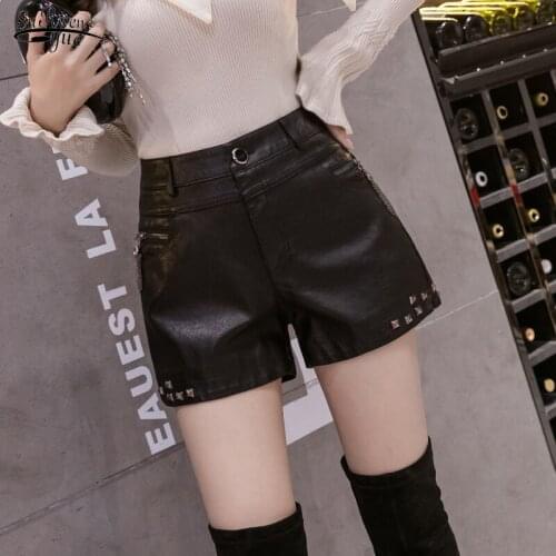 Womens New Autumn and Winter High Waist A-line Elegant Pu Leather shorts Black Leather Shorts Slim Wearing Boots Shorts 12663