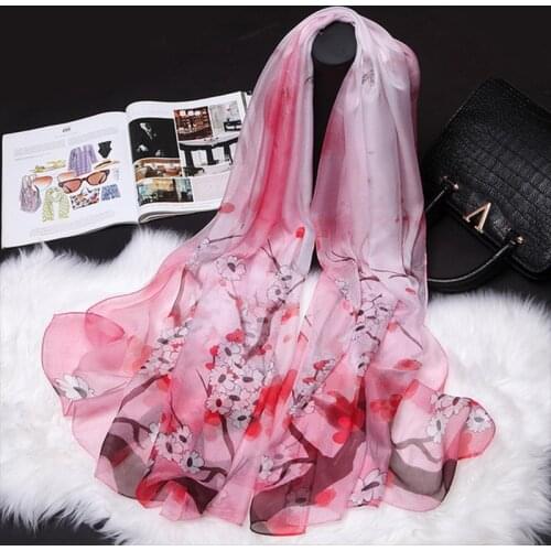 Women 100% Pure Silk Scarves Hijab Chiffon Luxury Bandana Natural Real Silk Scarves Shawl Wraps for Ladies Printed Flowers