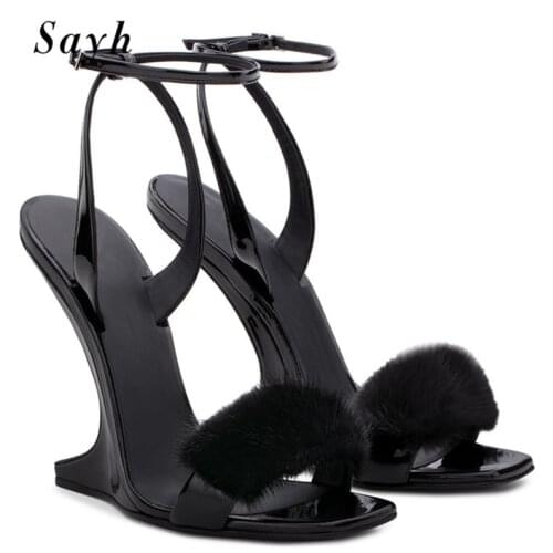 Fashion Women Summer Sandals Strange Heels Open Toe Pumps Furry Ankle Strap Party Dress Shoes