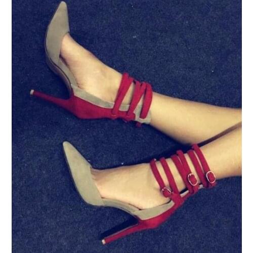 Woman high heel shoes high quality suede mixed colors ankle strap thin heel shoes pointed toe stiletto heels office lady heels