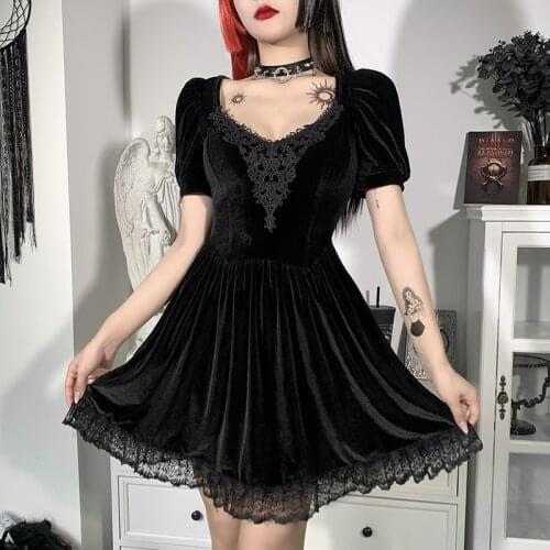 Lady Lace V Neck Puff Short Sleeve Velvet Dresses Gothic Black Women Elegant Pleated Dress Summer Embroidery Empire Vestidos