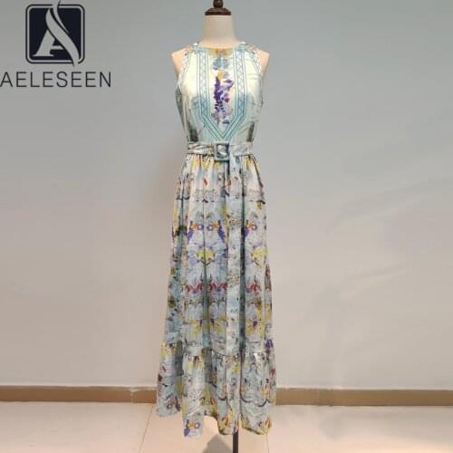 AELESEEN Spring Summer Sleeveless Dress Women 2021 Runway Fashion New Green Flower Print A-Line Sashes Long Elegant Dresses