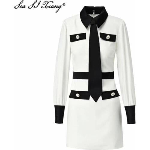 Seasixiang Fashion Designer Spring Dress Womens Long Sleeve Black And White Contrast Color Office Lady Dresses