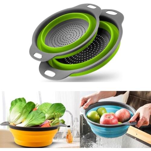 1 piece Foldable Silicone Colander Fruit Vegetable Washing Basket Strainer Collapsible Drainer With Handle Kitchen Tools Green