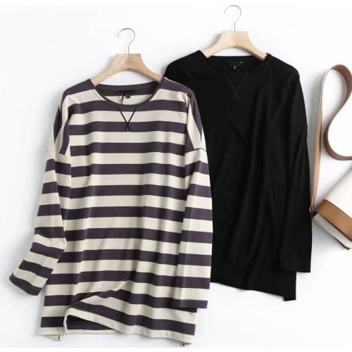 Dave&Di 2021 SS England Street Vinatge Striped O-neck Cotton boyfriend Oversize Loose Hoodies Women Sweatshirt Pullovers Tops
