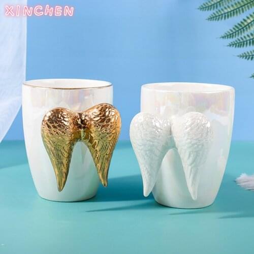 380ml White Ceramic Mug Gold Plated Handle Angel Wings Office Home Coffee Milk Porcelain Mugs Couple Creative Drinkware Gift