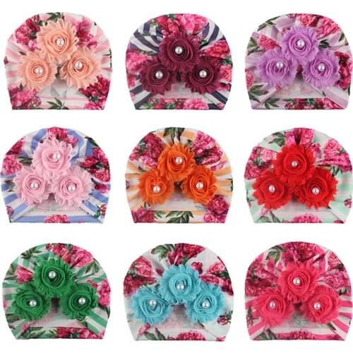 9 Colors 17*18 CM Printed Striped Hats Fashion Handmade Pearl Flower Caps Children Polyester Cotton Headwear Infant Accessories