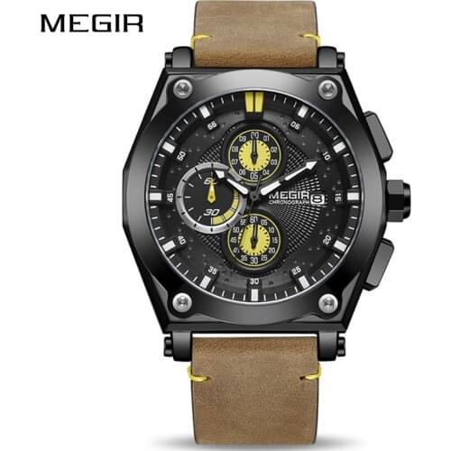 MEGIR Chronograph Quartz Wristwatches Men Leather Casual Military Sports Watches Male Big Dial Clock New Relogios Masculino 2020