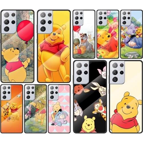 Pooh Bear Cute for Samsung Galaxy S21 Ultra Plus A72 A52 4G 5G M51 M31 M21 Luxury Tempered Glass Phone Case Cover