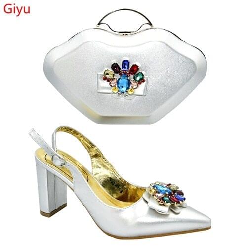 Doershow New Arrival Shoes and Bag Set African Sets 2019 silver Nigerian Women Shoes and Matching Bags Set for wedding!SMS1-6