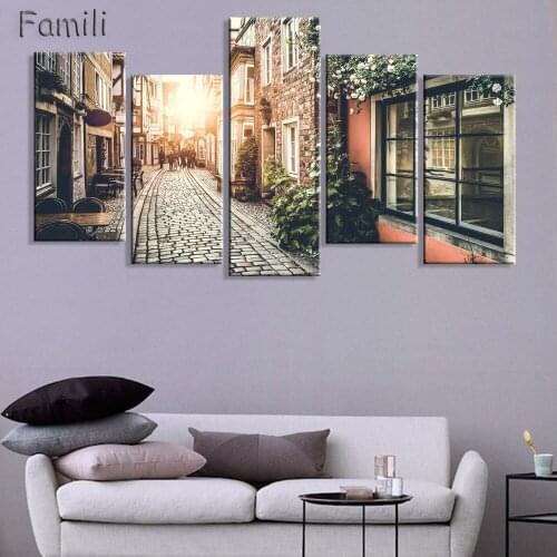 Home Decor 5 Panel Wall Art Oil Painting Canvas Prints Paris City Street Wall Pictures For Living Room Decors No Frames
