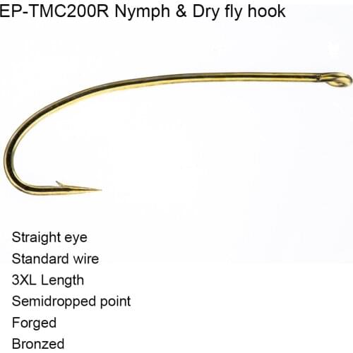 100pcs Eupheng EP-TMC200R Nymph Dry Fly Hook Standard Wire 3X Long Straight Eye Semidropped Point Forged Fly Fishing Hooks