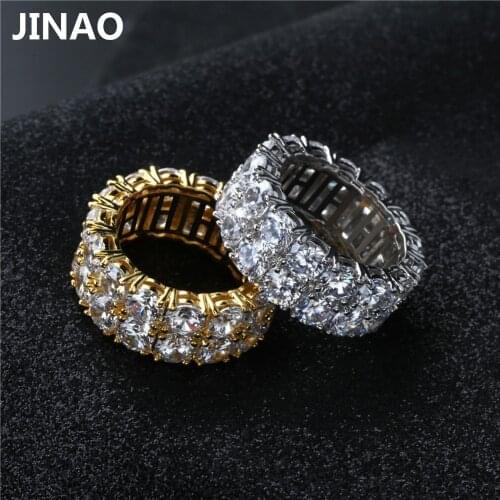 JINAO New Design Gold Silver Color Plated Ring Micro Paved 2 Row Chain Big Zircon Shiny Hip Hop Finger Ring for Men Women