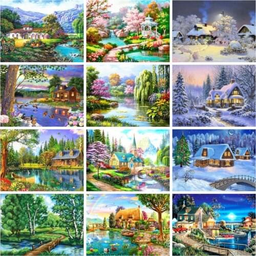 Huacan 5d Diy Diamond Painting Mosaic Winter Scenery Diamond Art Diamond Embroidery River Tree Landscape Home Decor