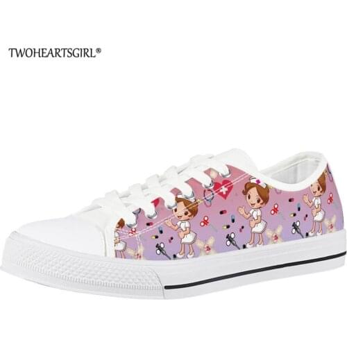 Twoheartsgirl Cute Nurse Girl Print Woman Vulcanized Shoes Ladies Casual Lace-up Canvas Shoes Breathable Flat Sneakers