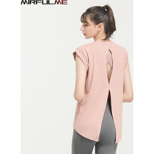 Summer Loose Yoga Shirts Women Hollow Out Short Sleeves Running T-Shirts Quick Dry Sports Forked Tops Gym Workout Fitness Blouse