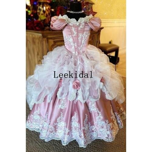 Lovely Princess Ball Gown Pageant Dress Corset Back Ruffles Lace Applique Flower Girls Dresses Custom Toddler Birthday Dresses