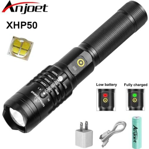 Anjoet Powerful LED Flashlight XHP50.2 Ultra Bright Flashlight Zoom LED Torch USB Rechargeable Flashlight with 18650 Battery