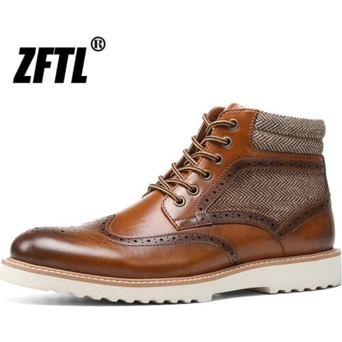 ZFTL Mens Martins boots Casual lace up boots man large size Tooling boots Brogue Vintage carved male Ankle boots British brown
