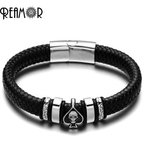 REAMOR 12mm Width Black/Brown Braided Leather Bracelet Men Stainless Steel Skull Head Cuff Bracelets&Bangles Men Jewelry