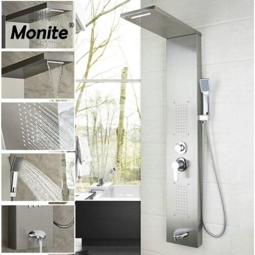 Monite New Shower Column Solid Brass Bathroom Rainfall Shower Head W/Hand Sprayer Faucet Shower Set Faucets