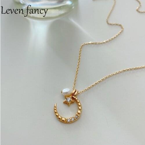 925 Sterling Silver Cz Zircon Sun Moon Star Pearl Necklace Girls Prom Birthday Jewelry Gift for Women Gold Necklace