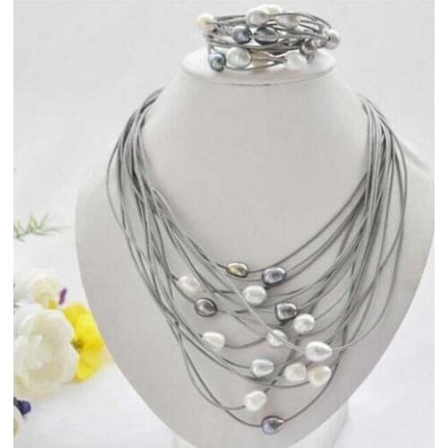 Drop shipping Noble- P5225 15row 13mm black white gray rice pearl gray leather necklace & bracelet Meticulous and picturesque