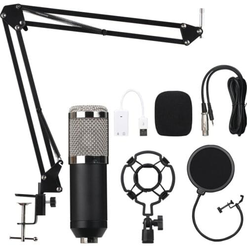 Studio Recording Condenser mini Microphone Kit with Shock Mount+Adjustable Arm Stand+Filter+Windscreen+USB Sound Card+Cable MIC