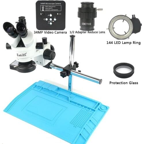 34MP HDMI USB Industrial Camera Recorder Simul-Focal 7-45X Zoom Trinocular Stereo Microscope Boom Arm Stand Repair Working Mat