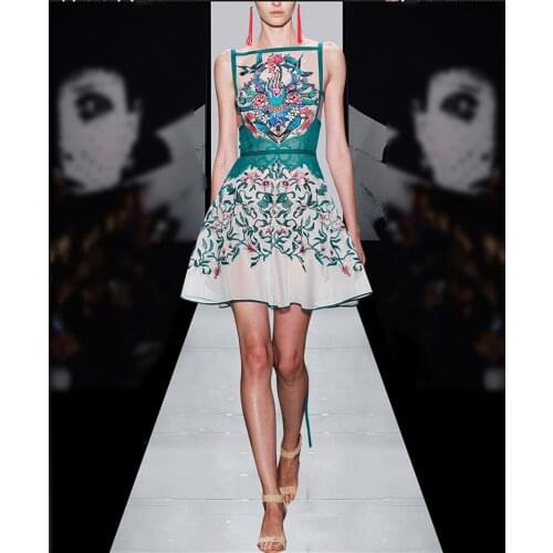 Vestidos Summer Dresses 2017 Chinese Style Floral Embroidery Mesh Party Dresses Sexy Slash Neck Mini Dress Vintage Dress ND1230