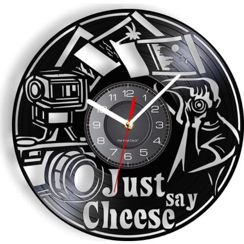 Just Say Cheese Funny Photographer Vinyl Record Wall Clock Photography Retro LP Album Clock Cameraman Editing Day Home Decor