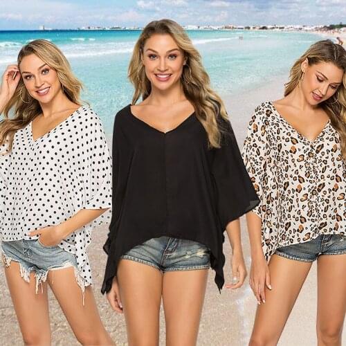 Women Leopard Polka Dot Print Blouse Sexy V-neck Bat Sleeve Top Ladies Shirt Casual Loose Shirts Women Clothing