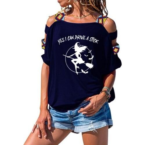 Yes I Can Drive A Stick Witch Bats Print Halloween T-shirts Women Summer Shirts for Women Loose Short Sleeve Harajuku Top