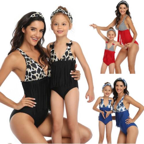 2020 Summer Mother Daughter Women Kids One-Piece Swimsuit Family Matching Swimwear Deep V Tassels Strap Bikini Backless Swimsuit
