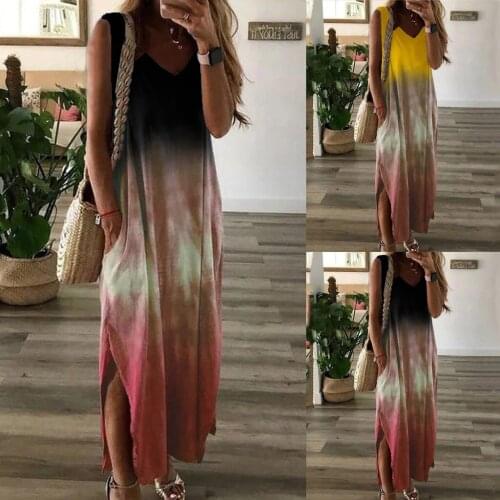Women Summer Dress Women Fashion Casual Tie-dye Print Sleeveless Dress V-neck Pocket Long Dress Ladies Clothes