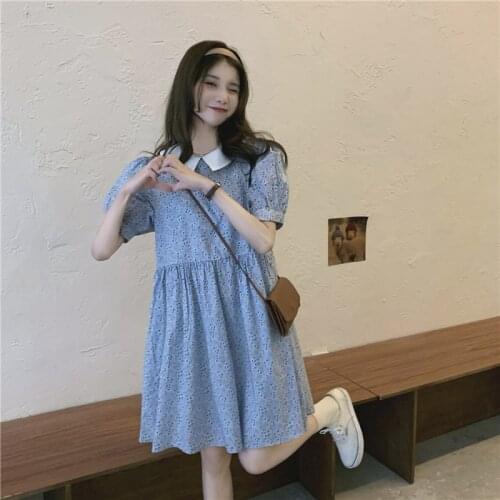 Woman Dress Retro Doll Collar Bubble Short-sleeved Dress Female Summer 2021 New High Waist Slim Casual A-line Skirt