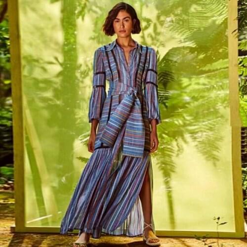 Fashion Designer High Quality Spring Summer New Womens Vintage Elegant Party Chic Casual Striped Long Sleeve Shirt Long Dress