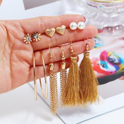 Bohemian Long Chains Tassel Earrings Set For Women Statement Flower Heart Stud Earring Handmade Female Jewelry