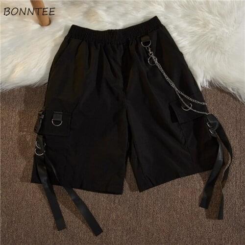 Cargo Pants Women Pockets Chain Black Hip Hop Streetwear Summer Ins Loose Casual Fashion Ladies Pantalones All-match Knee-length