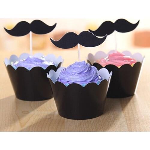 Black mustache crown Cupcake cake Wrapper with topper cards Liner Baking Cup paper for wedding birthday tea party decoration Wh