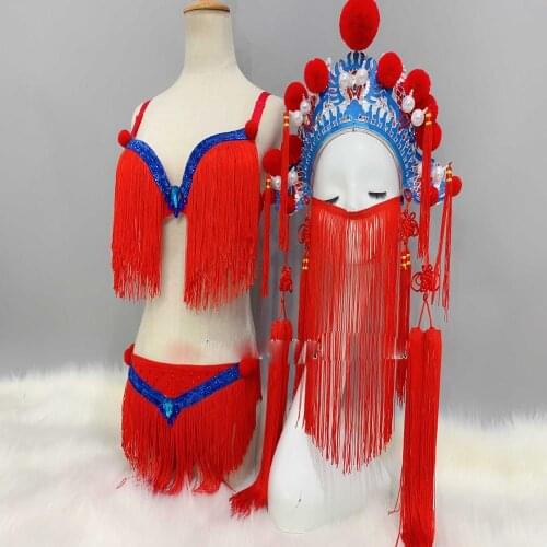 Halloween Red Peking Opera headdress fringed Chinese style bikini nightclub bar Ds lead dancer gogo costume