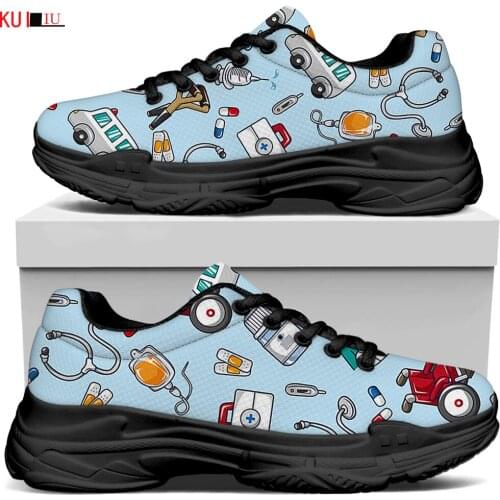 KUILIU Cartooon Medical Tools Print Women Platform Shoes Comfortable Brand Casual Flat Bottom Breathable Lady Mesh Shoe Dropship