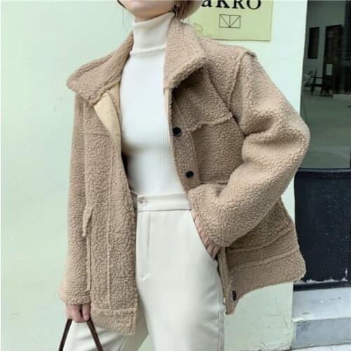 Women Winter Thicken Short Loose Lamb Wool Jacket Coat Stand Collar Single Breasted Warm Overcoat Full Sleeve Outerwear